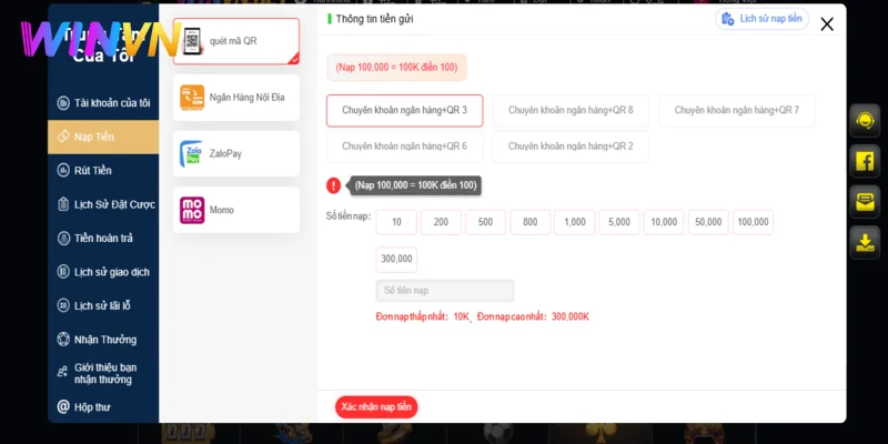 Nạp tiền và rút thưởng WINVN với vài bước đơn giản